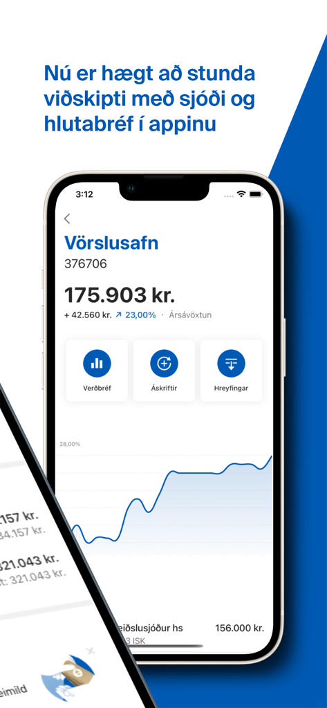 Arion banki - Arion banki app interface showing a financial investment portfolio and performance chart