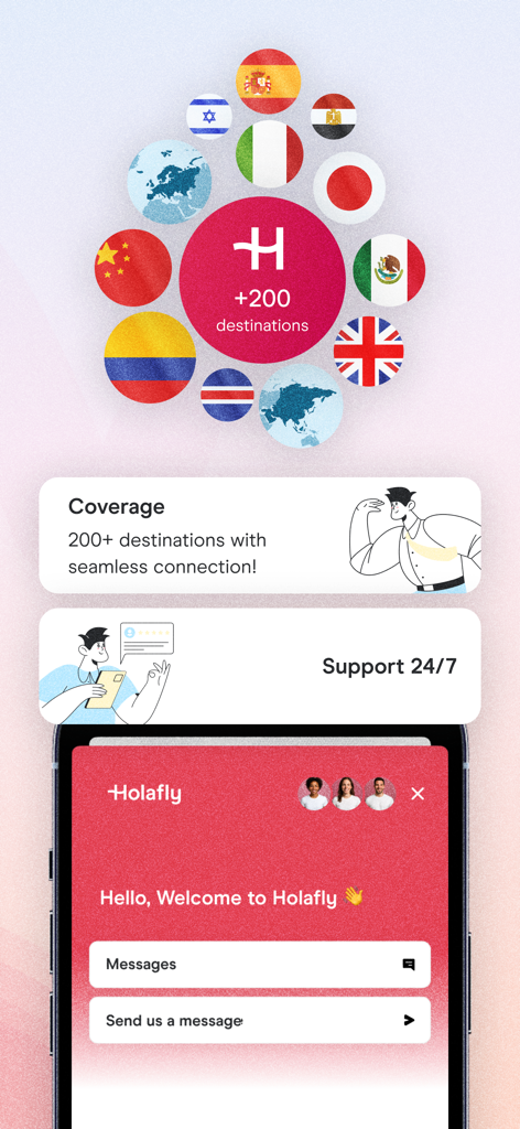 Holafly app interface displaying international coverage in over 200 destinations and 24 7 customer support chat