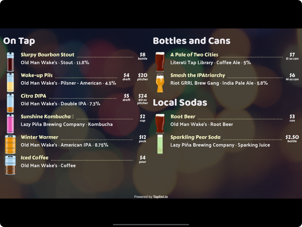 Digital menu showing a professional list of craft beers and sodas with pricing and descriptions.