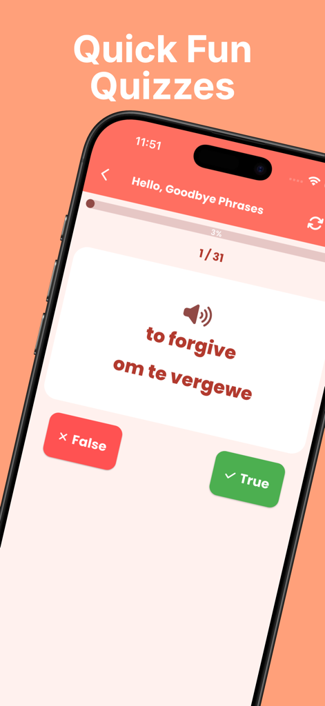 Learn Afrikaans Phrases - A vocabulary quiz screen in the Learn Afrikaans Phrases app featuring a translation question with True and False buttons