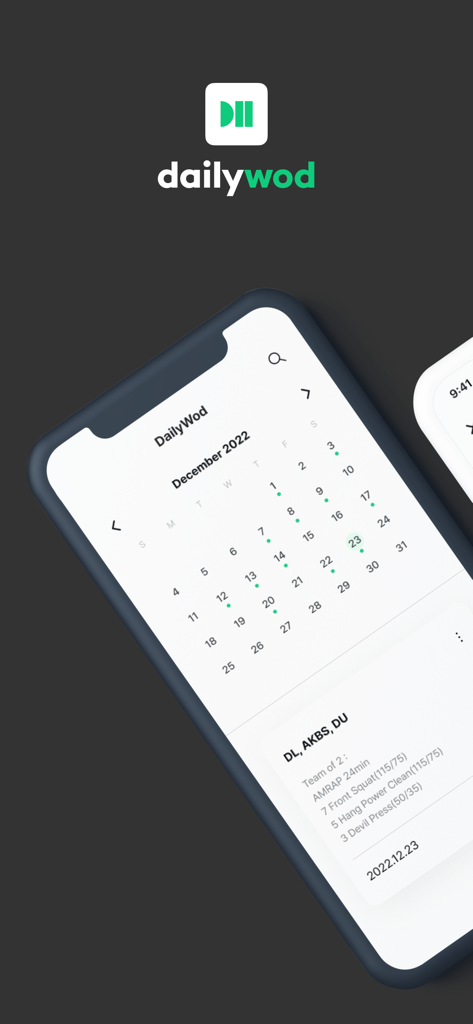 Daily WOD - Log your wods - Daily WOD mobile app interface showing workout history calendar and CrossFit session details