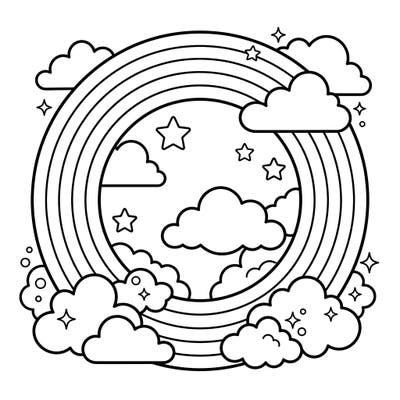 Dive into a world of color with this delightful full-circle rainbow coloring page, specially designed for kids. Featuring whimsical clouds and stars, it's a perfect activity to spark imagination and creativity.