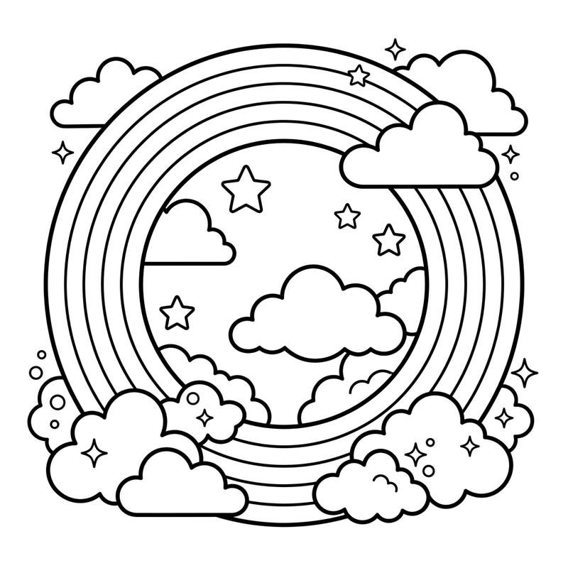 Dive into a world of color with this delightful full-circle rainbow coloring page, specially designed for kids. Featuring whimsical clouds and stars, it's a perfect activity to spark imagination and creativity.