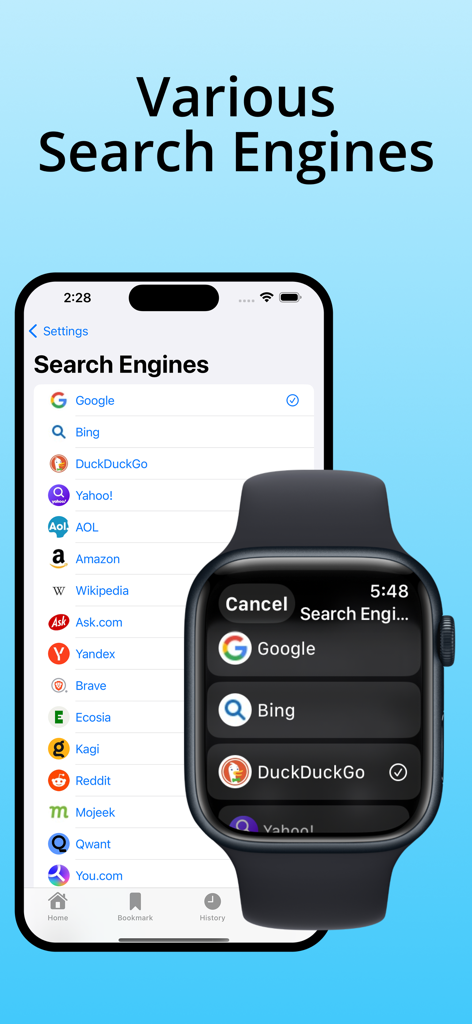 iPhone and Apple Watch showing a list of various search engine options in the Watch Browser app