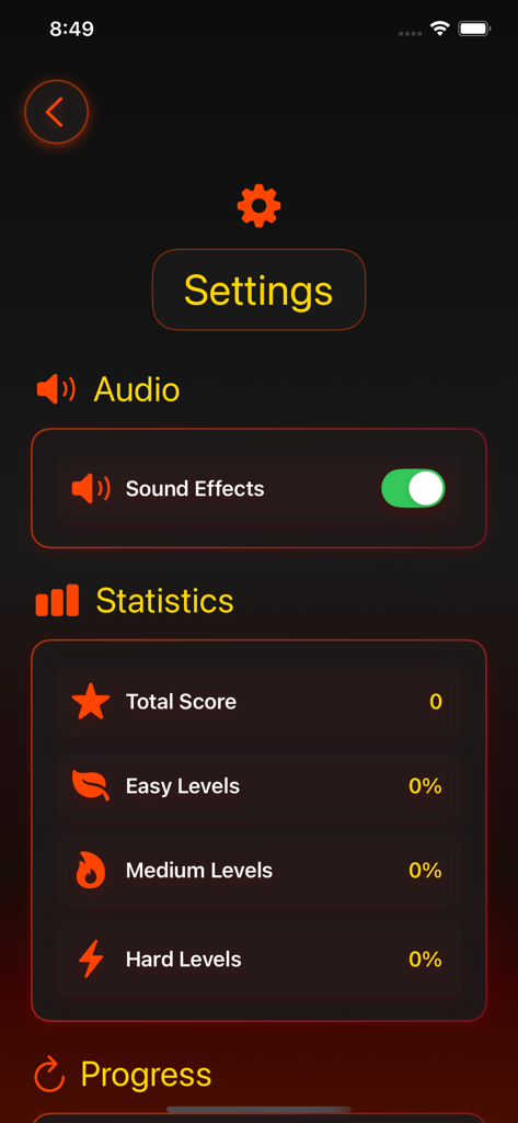 La pantalla de configuración y estadísticas de la aplicación RoadForCup que muestra el progreso del nivel y los controles de audio