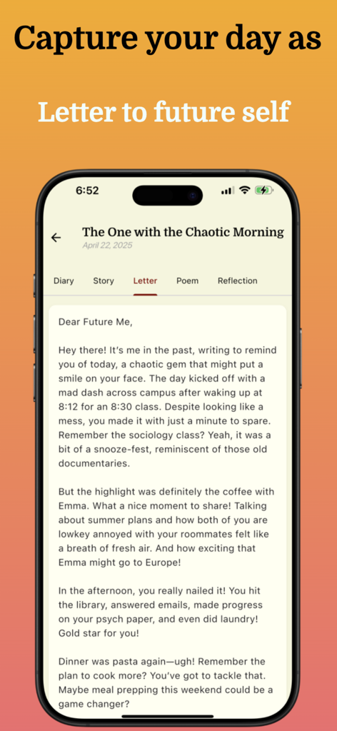 AI Journal & Diary - Reflect - Pantalla de la aplicación AI Journal que muestra una carta personalizada para el futuro yo basada en reflexiones diarias.