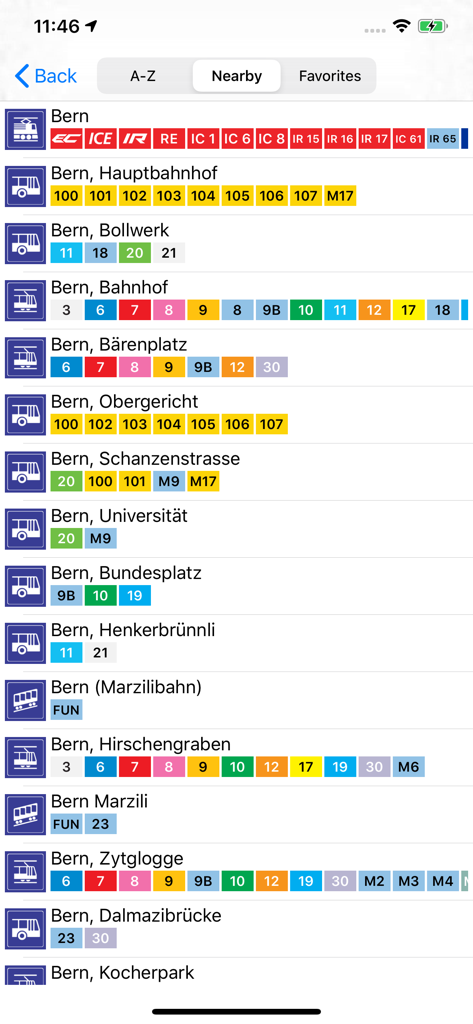 Swiss Public Transport App - Nearby transit stations in Bern with train bus and tram line information