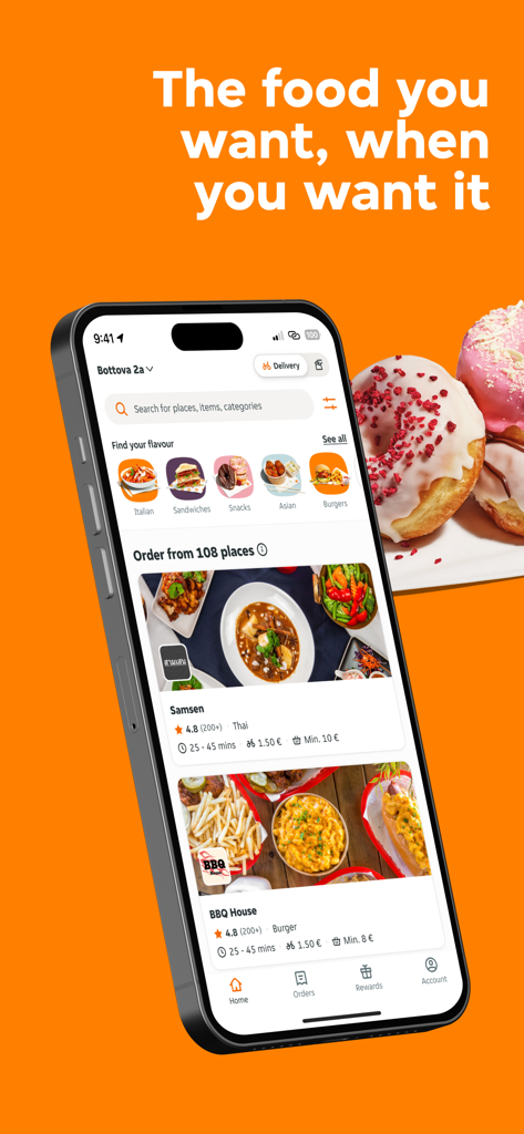 Smartphone screen showing the Bistro.sk app with local restaurant listings and food categories