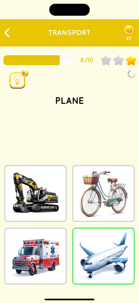 Learn English US for Beginners - Englisches Vokabelquiz für Anfänger, das Transportbilder wie ein Flugzeug und ein Fahrrad zeigt.