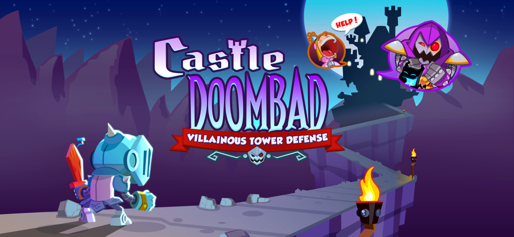 Castle Doombad: Free To Slay - Castle Doombad game title screen featuring a knight approaching a dark castle with a captured princess and a hooded villain.