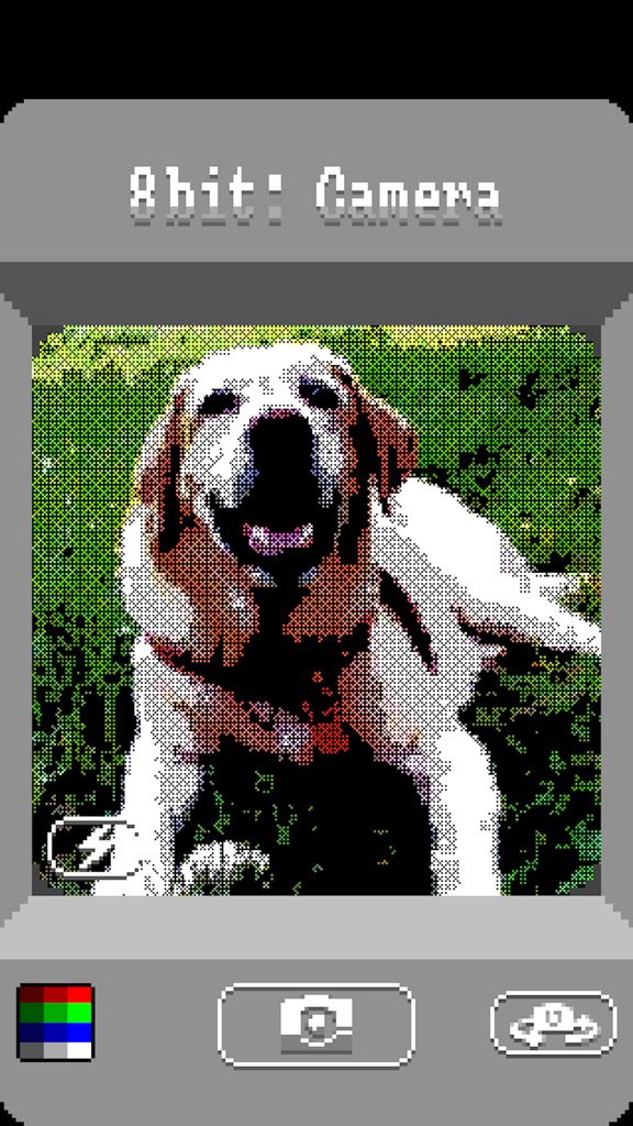 8bit: Camera - 8bit Camera app screenshot featuring a pixelated dog with a retro video game aesthetic