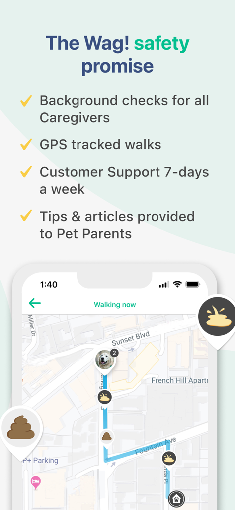 Wag! - Dog Walkers & Sitters - L'interface de l'application Wag affiche les fonctionnalités garantissant la sécurité et une carte GPS en temps réel pour le suivi des promenades du chien.