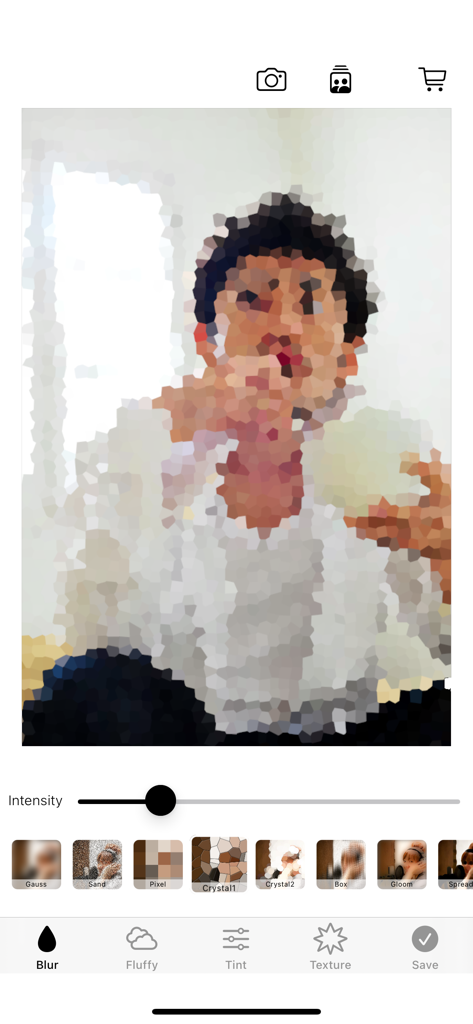 A mobile photo editing interface showing a pixelated mosaic effect applied to a portrait with filter options like Gauss and Crystal.