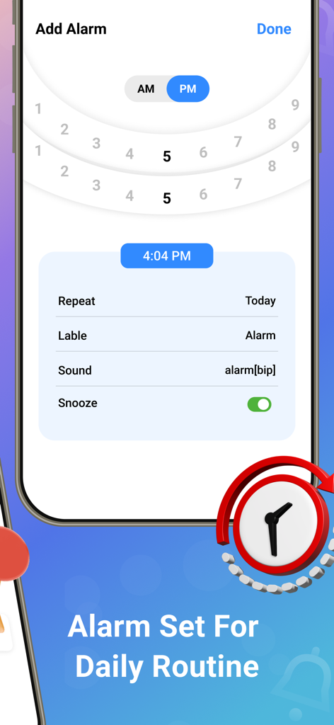 Notisave : History Log - Alarm setup screen in the Notisave app featuring a time picker wheel and custom snooze settings