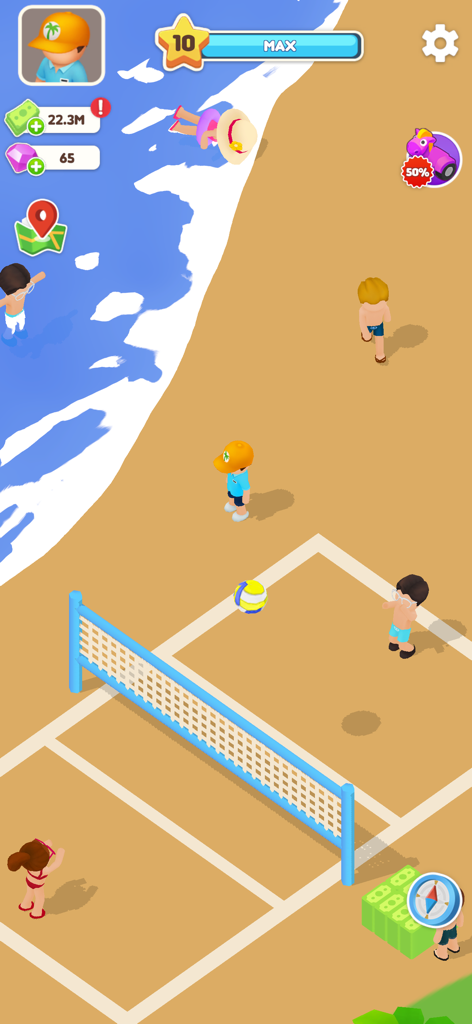 Screenshot di gameplay di Il Mio Hotel da Sogno che mostra ospiti che giocano a pallavolo in spiaggia e nuotano in un resort di lusso.
