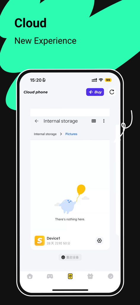 EasyFun-Find fun gamers - Interface do aplicativo EasyFun mostrando o recurso de telefone em nuvem para descoberta de jogos mobile