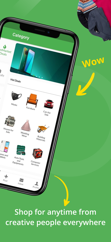 TreeMarket mobile app interface showing various product categories for local buying and selling like furniture, cars, and houses.