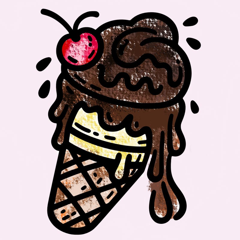 ice cream cone with melted ice cream dripping down