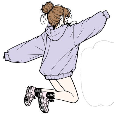 realistic girl jumping with a bun and oversized sweatshirt