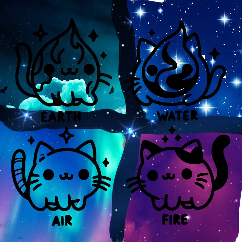 4 cats that represent the different elements, earth, water, air, and fire