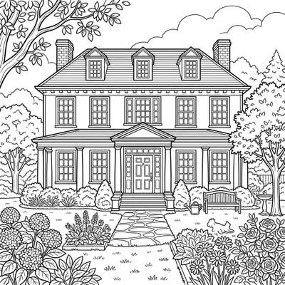 Unleash your creativity with this exquisite coloring page featuring a stately Colonial Mansion set amidst a vibrant summer garden. Perfect for those who love architectural beauty and the serene joy of summer.