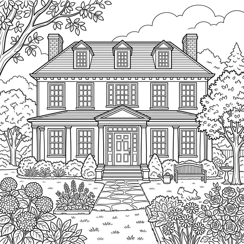 Unleash your creativity with this exquisite coloring page featuring a stately Colonial Mansion set amidst a vibrant summer garden. Perfect for those who love architectural beauty and the serene joy of summer.