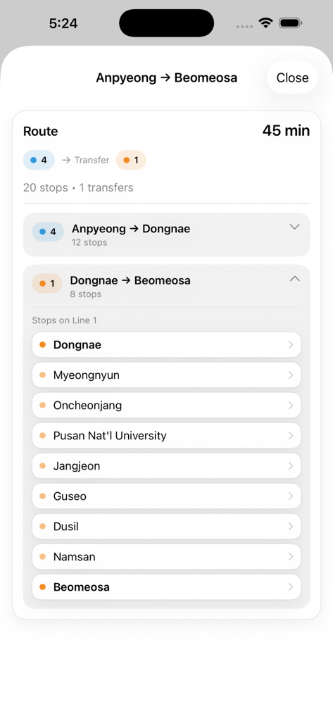 Busan Subway Map - Busan subway route planner showing directions and station list in English