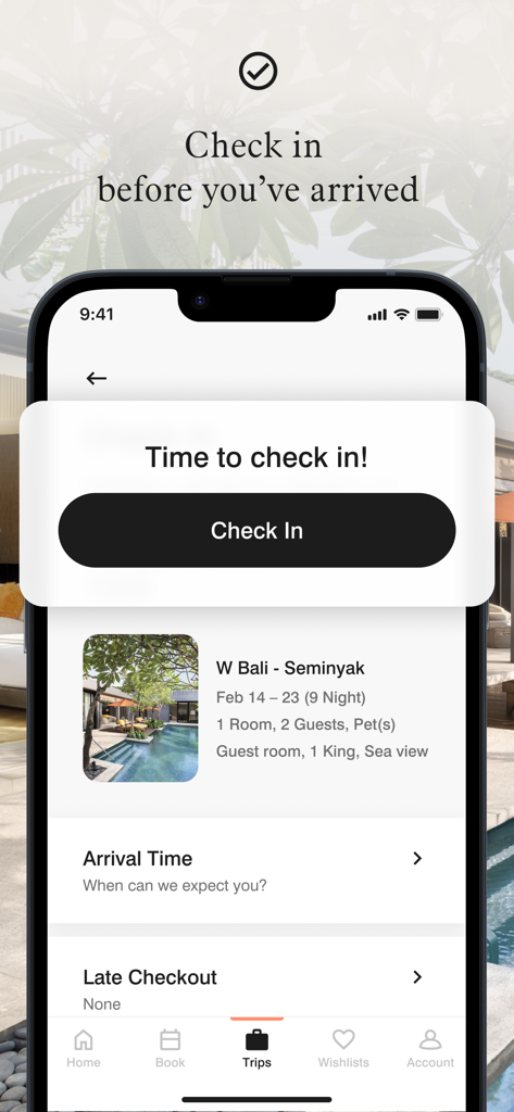 Tela do aplicativo móvel Marriott Bonvoy apresentando a opção de check-in móvel e detalhes da viagem para uma estadia de hotel de luxo.