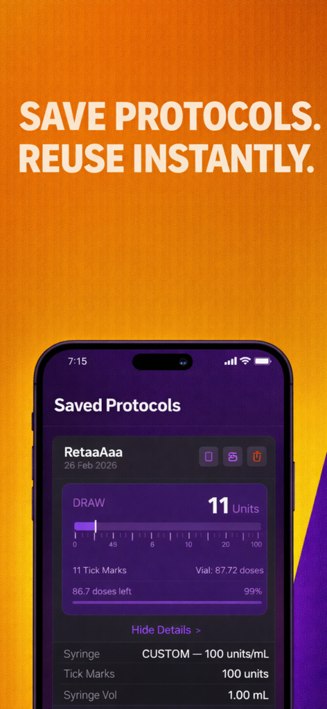 Mobile app interface showing a saved peptide protocol with a visual syringe ruler and dosage details.