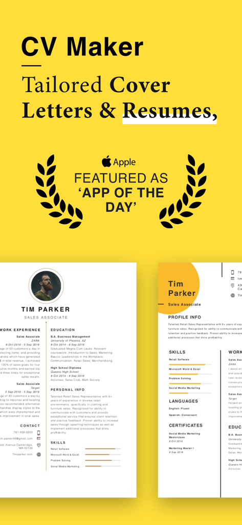 CV Maker · - CV Maker app promotional screen featuring tailored cover letters resumes and the Apple App of the Day badge