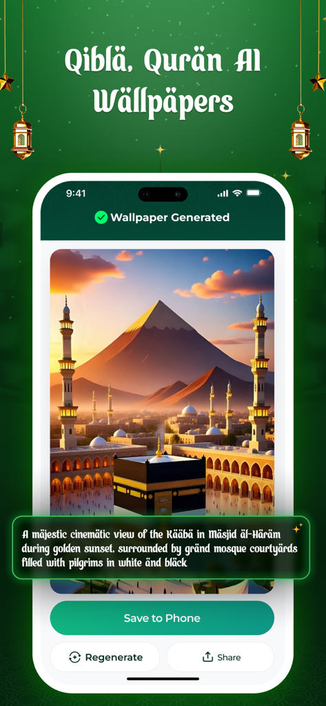 Ramadan Calendar 2026: Athan - AI Islamic Wallpaper Generator showing a cinematic view of the Kaaba at sunset within the Ramadan Calendar 2026 app