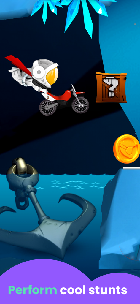 Motorcycle Games Kids: Racing - A character in an astronaut suit performing a motorcycle stunt in a level featuring an anchor, a mystery crate, and a gold coin.