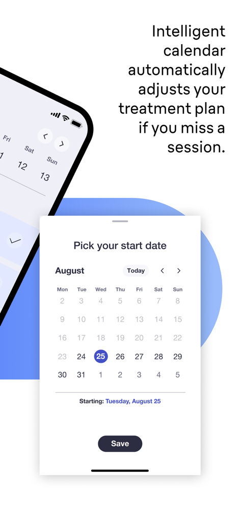 Pantalla de la app Braun IPL que muestra un calendario de tratamiento inteligente para programar sesiones de depilación