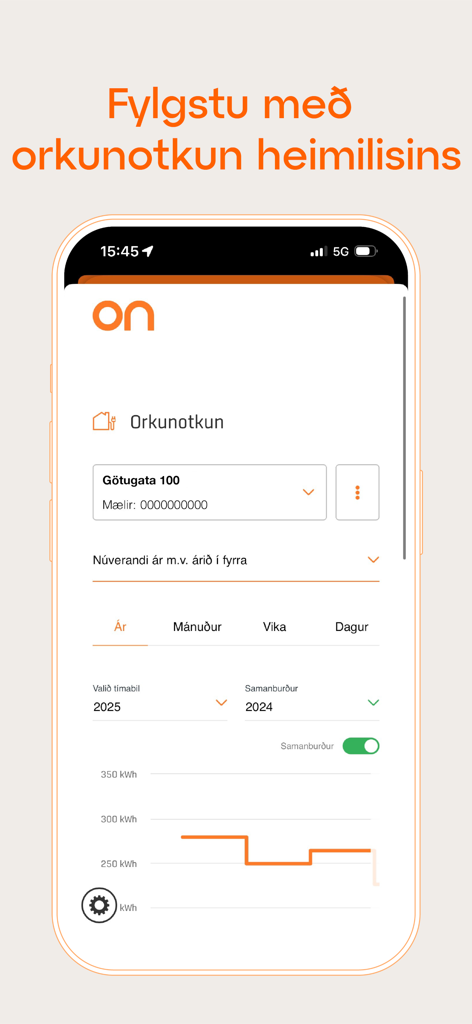 Captura de ecrã móvel da aplicação ON mostrando dados de consumo de energia doméstica com um gráfico de comparação anual e funcionalidades de monitorização.