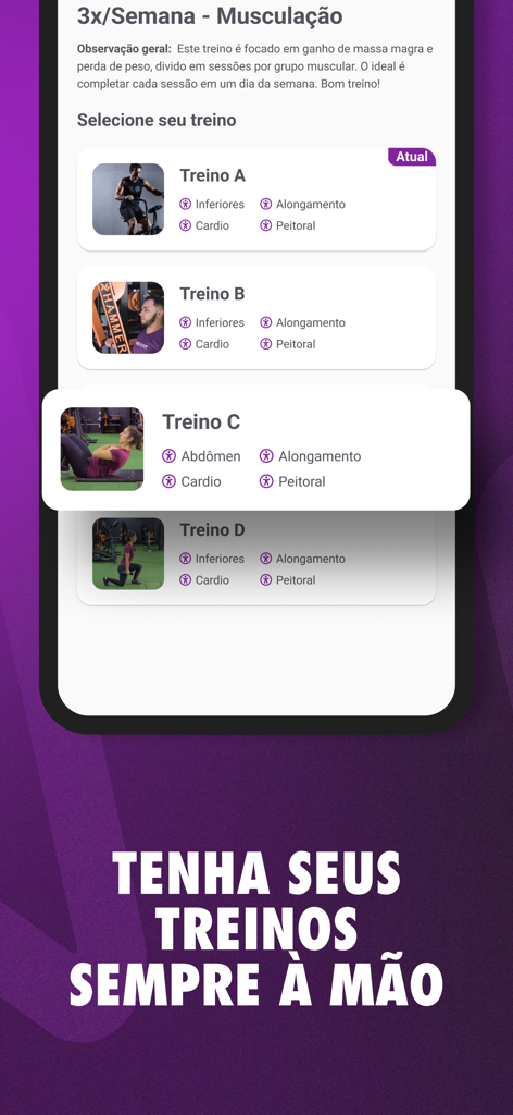 Interface of the Next Fit app showing a list of categorized gym training routines.