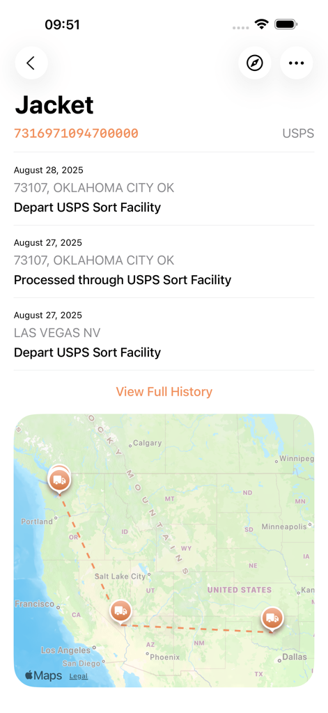Parcel - Delivery Tracking - Parcel app interface showing USPS delivery status updates and a map of the shipment route across the United States
