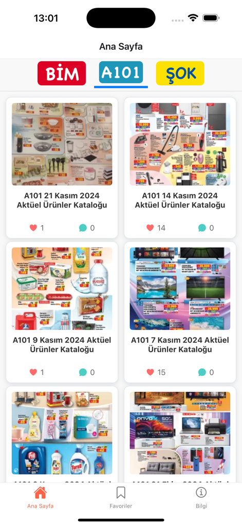 Bim A101 Sok Aktuelアプリのホーム画面にスーパーマーケットの割引カタログが表示されています