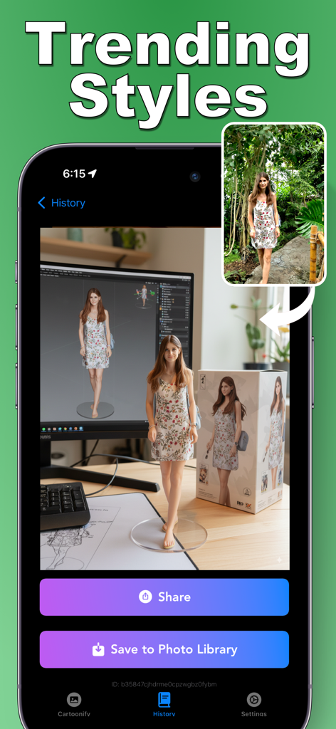 A smartphone screen displaying a photo of a woman transformed into a realistic 3D action figure model with a retail box packaging