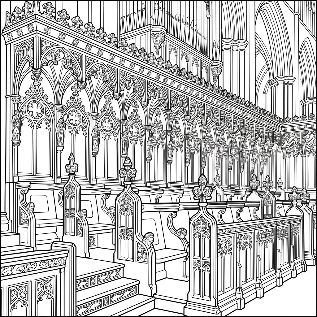 Stalli del Coro Cattedrale - Disegno da Colorare Dettagliato — Color Pop