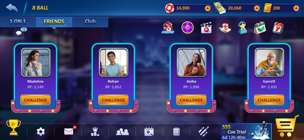 Sir Snooker: 8 Ball & 9 Ball - Sir Snooker 8 Ball game menu showing friend profiles with a challenge button and ranking points.