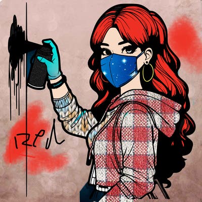 realistic girl with mask spray painting a wall