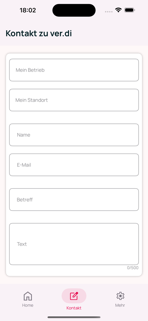 ver.di TK IT NRW - Contact form of the ver.di TK IT NRW app with fields for company location and message