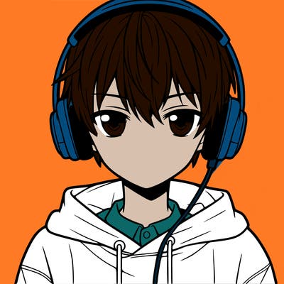 an anime boy, with straight hair and serious eyes, wearing a sweatshirt, and using bluetooth headphones