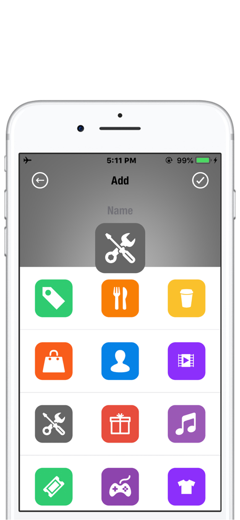 NextCost-Money Flow,My Savings - NextCost app screen displaying colorful icons for tracking different spending categories