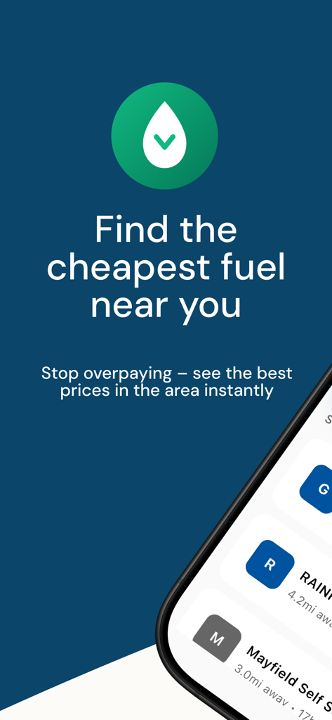 PumpSaver: Live UK Fuel Prices - PumpSaver App-Bildschirm mit der Aufschrift Finden Sie den günstigsten Kraftstoff in Ihrer Nähe