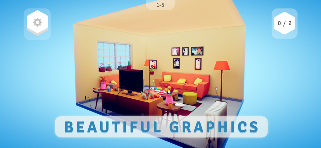 Possessions: Puzzle Vistas - Possessions ゲームのオレンジ色のソファと壁の絵のあるミニマリスト3Dリビングルームのインテリア