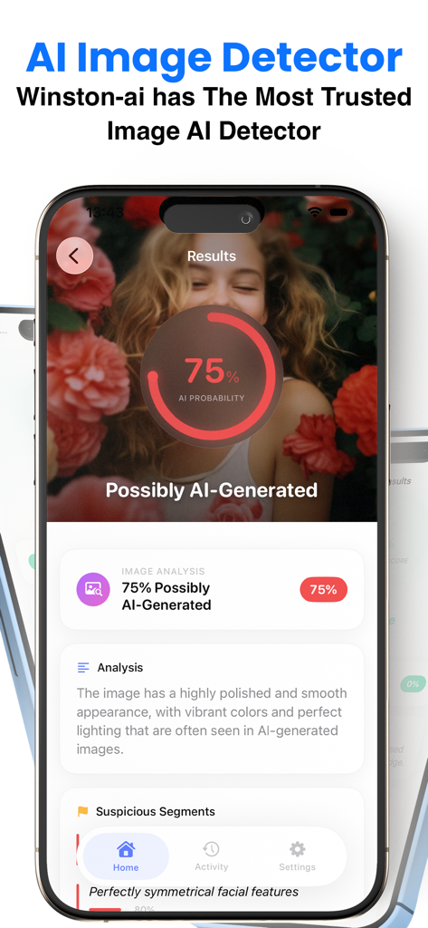 Winston AI Detector &Humanizer - Winston AI app interface showing image analysis results for an AI generated photo of a woman