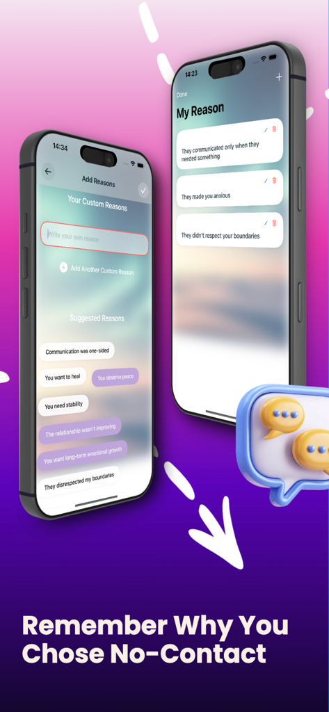 Reclaim : No Contact Journey - Interface of the Reclaim app showing personal and suggested reasons for maintaining the no-contact rule during a breakup recovery