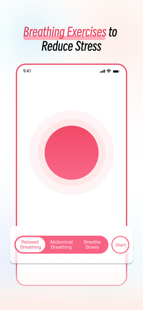 PulseWarden - PulseWarden mobile app interface showing breathing exercises to reduce stress with a pink circular visual guide