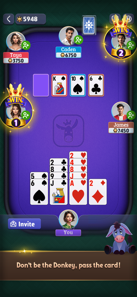 Donkey King: Online Card Game - A multiplayer session of the Donkey King card game showing four players and various cards on a purple game table